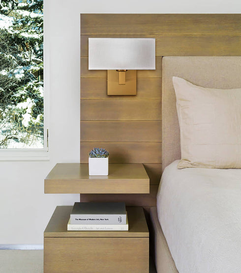 Set of 2 Modern Brushed Brass Gold with White Fabric Shade Wall Sconces for Bedroom